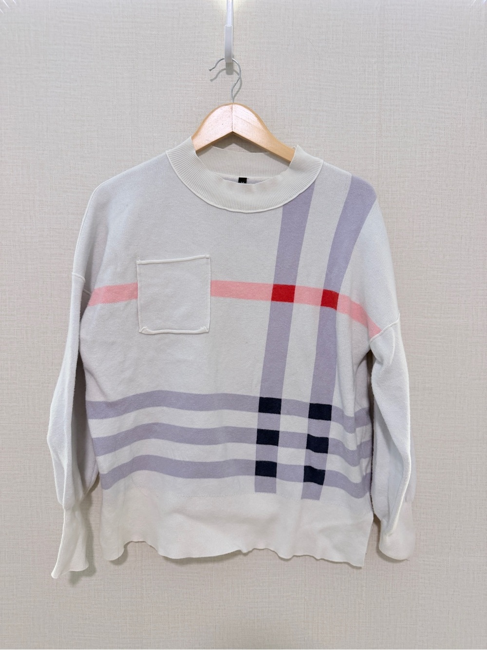 Cream Plaid Pullover Sweater with Pink & Lavender Stripes